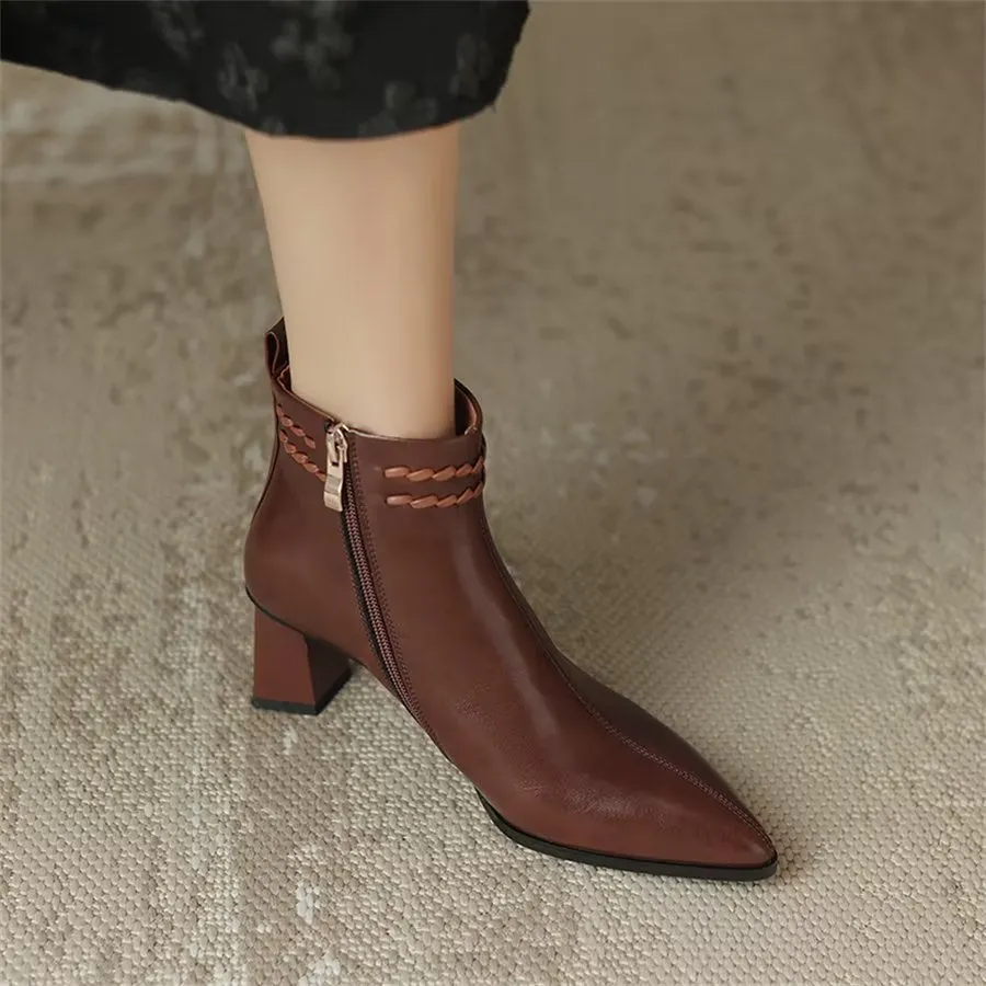 Elegant Cow Leather Pointed Toe Mid Ankle Boots