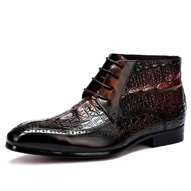 ExoticLuxe Croc Texture Ankle Lace-Up Brogue Boots