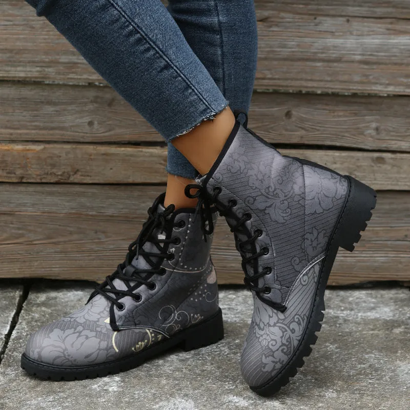 Floral print gray mid calf combat boots women's round toe lace-up booties