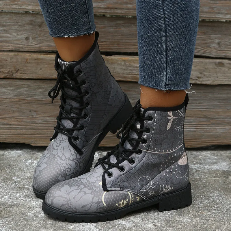 Floral print gray mid calf combat boots women's round toe lace-up booties