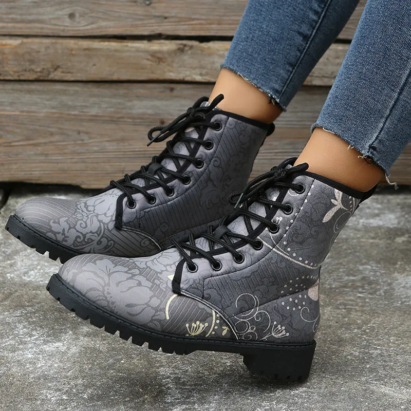 Floral print gray mid calf combat boots women's round toe lace-up booties