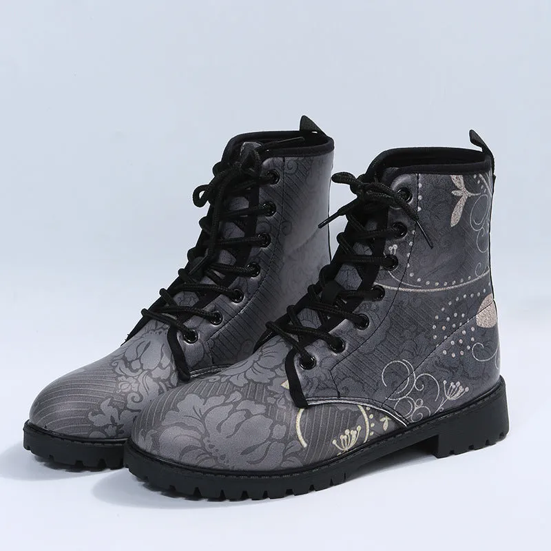 Floral print gray mid calf combat boots women's round toe lace-up booties