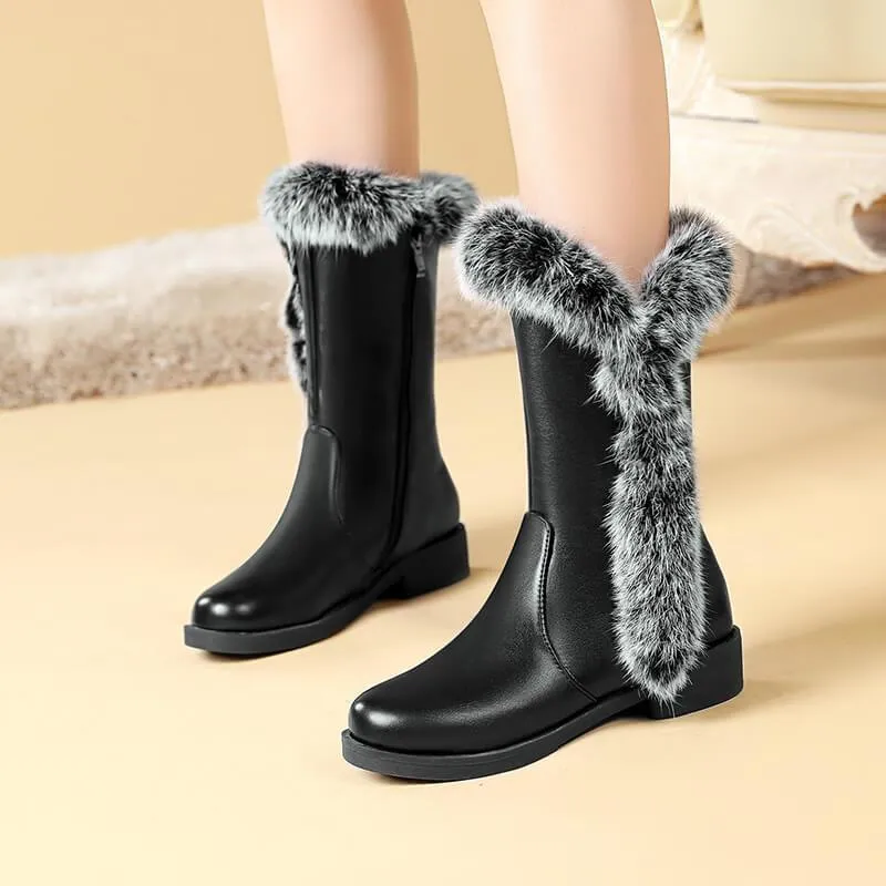 Fur Low Heel Leather Mid Calf Boots