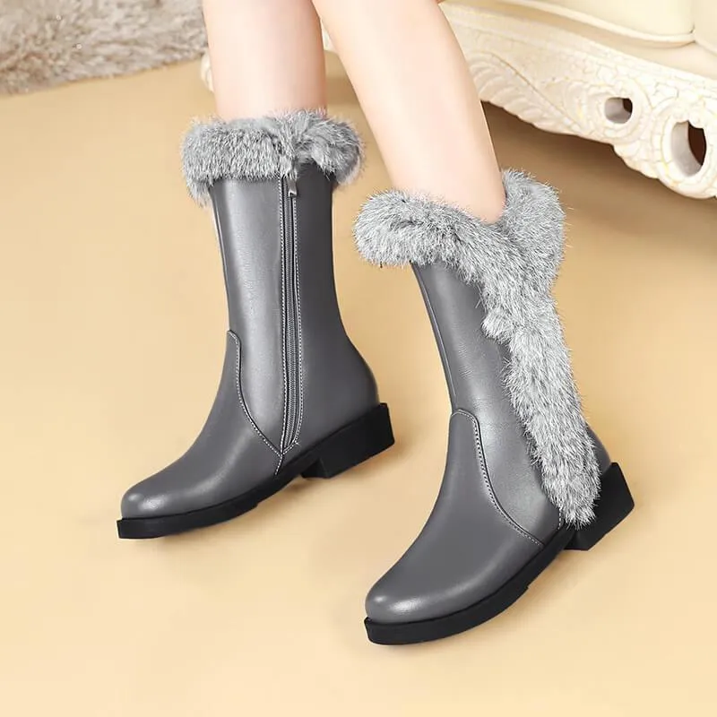 Fur Low Heel Leather Mid Calf Boots