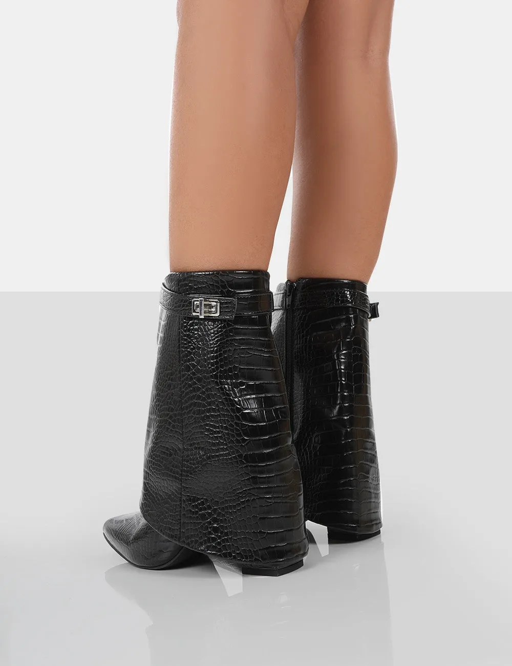 Fyre Black Croc Pointed Toe Heeled Ankle Boots