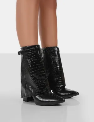 Fyre Black Croc Pointed Toe Heeled Ankle Boots