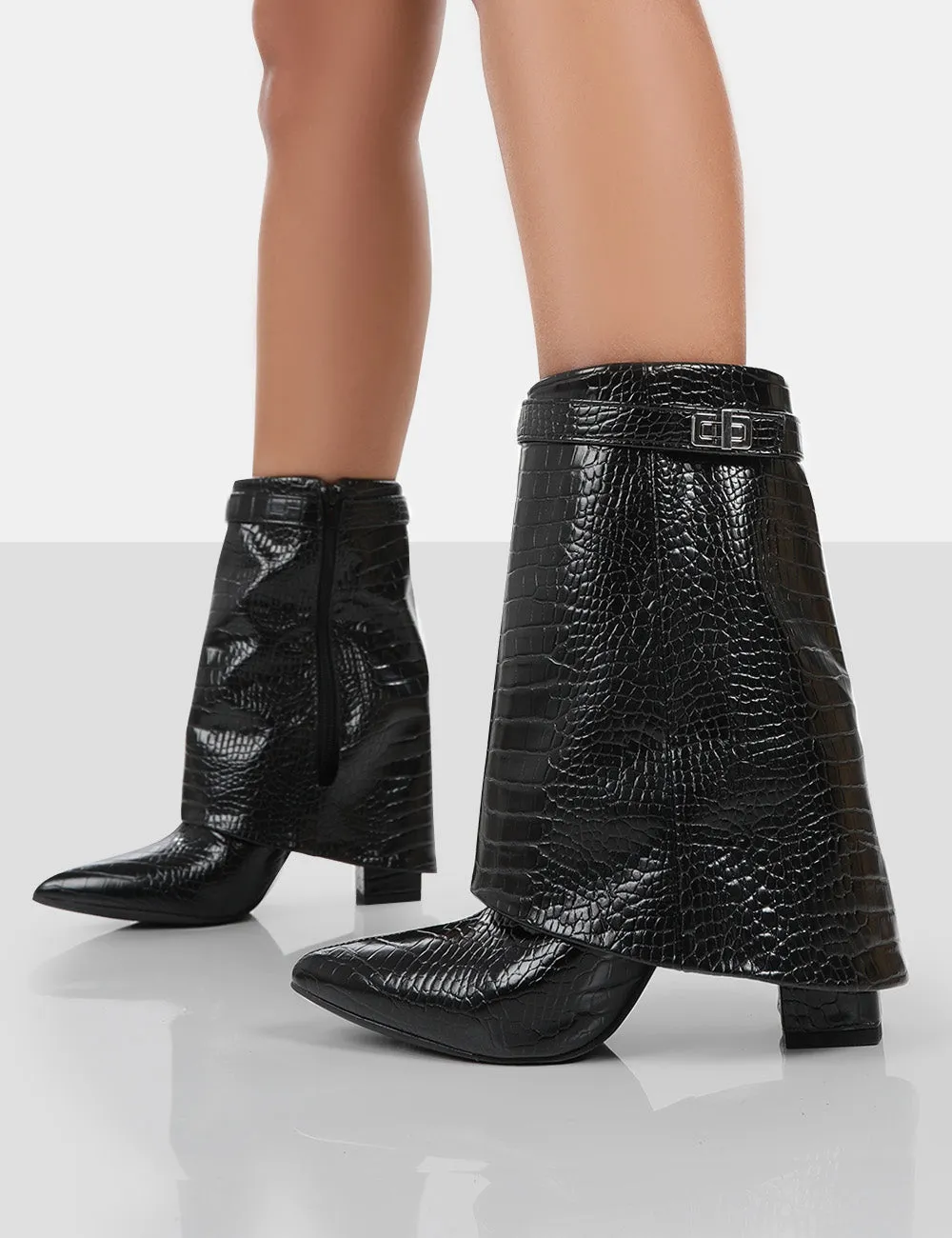 Fyre Black Croc Pointed Toe Heeled Ankle Boots