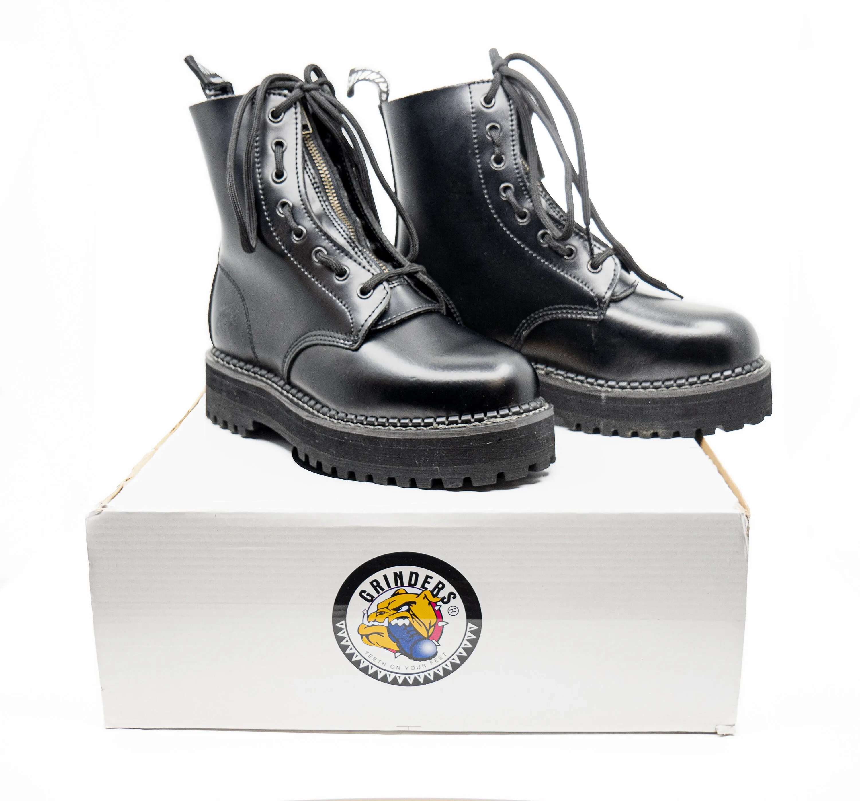 Grinders Black Boots, Platform Sole, Zip and Lace, Goodyear Welted Boots, Leather Boots, 8 eye Boots