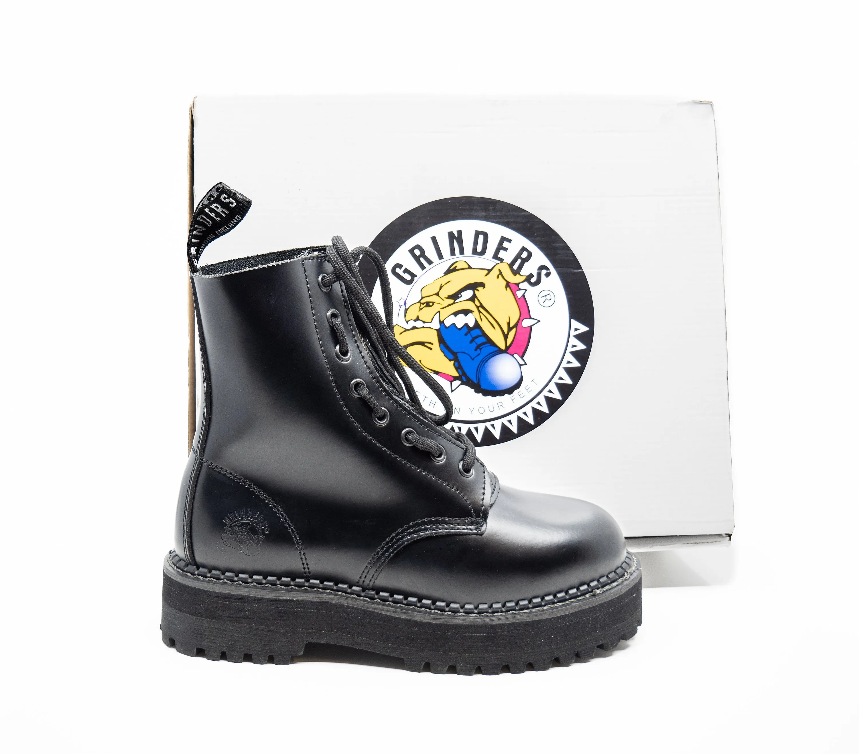 Grinders Black Boots, Platform Sole, Zip and Lace, Goodyear Welted Boots, Leather Boots, 8 eye Boots