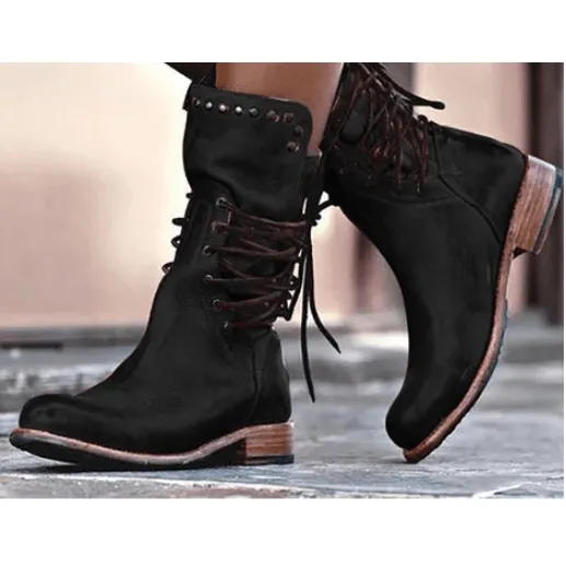 Leather Lace Up Low Heel Rivet Calf Boots