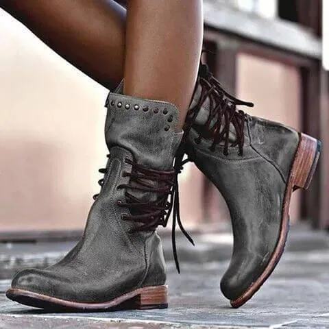 Leather Lace Up Low Heel Rivet Calf Boots