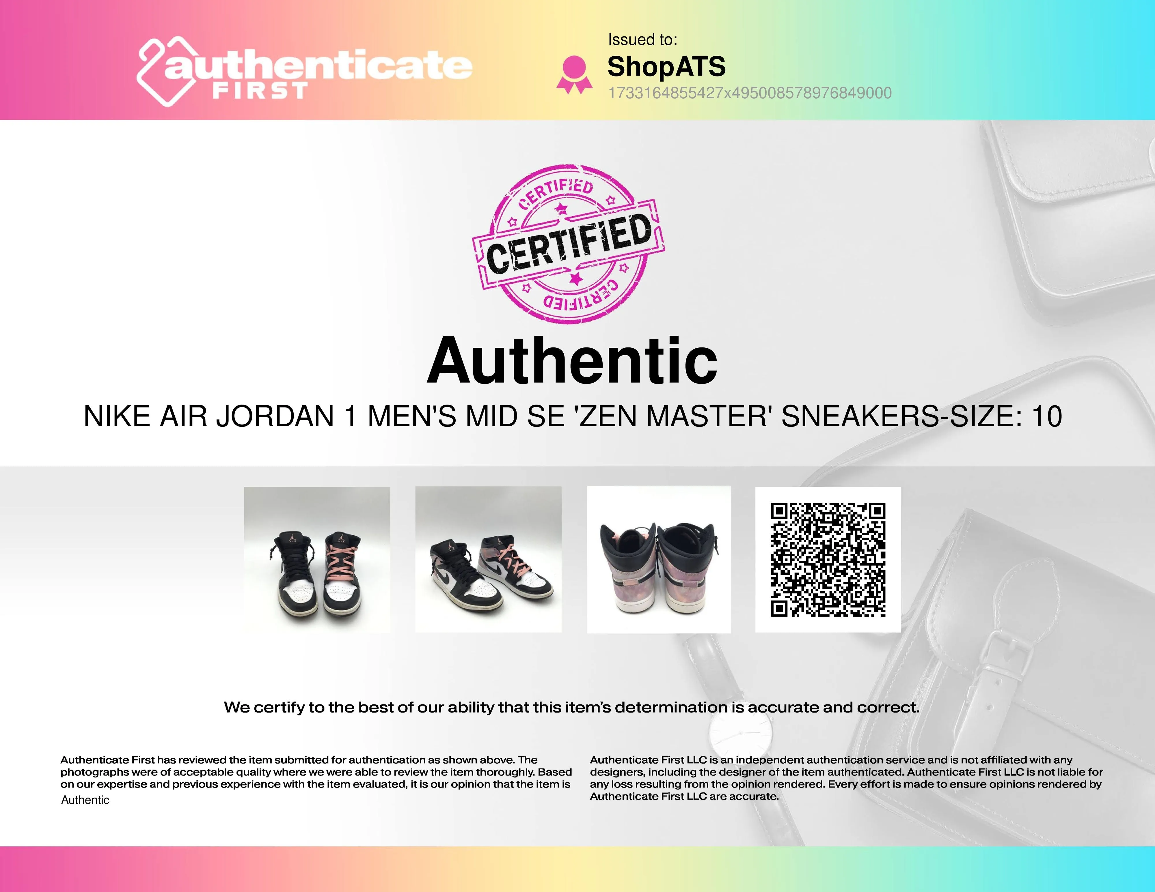 Nike Air Jordan 1 Men's Mid SE 'Zen Master' Sneakers-Size: 10 ( COA)