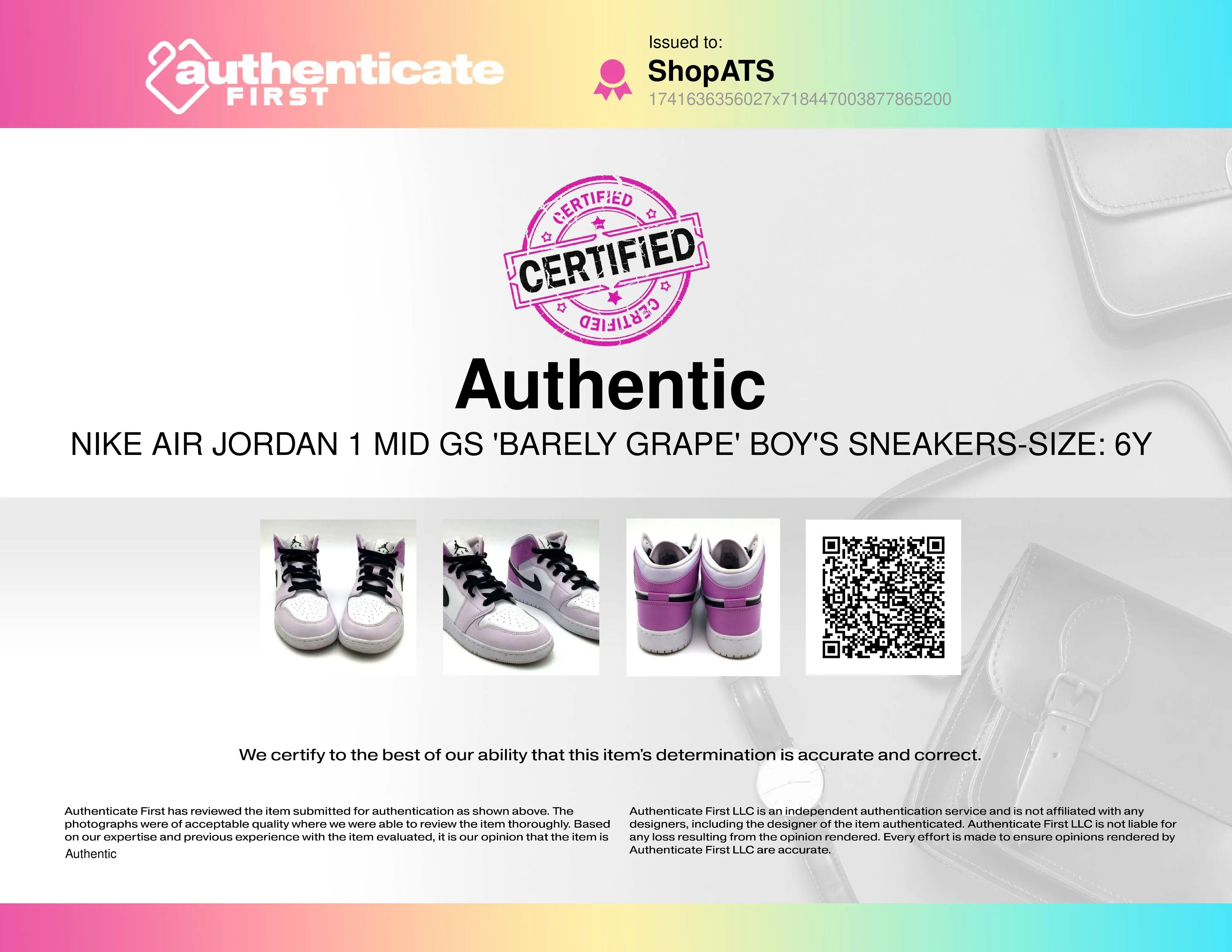 Nike Air Jordan 1 Mid GS 'Barely Grape' Boy's Sneakers-Size: 6Y ( COA)