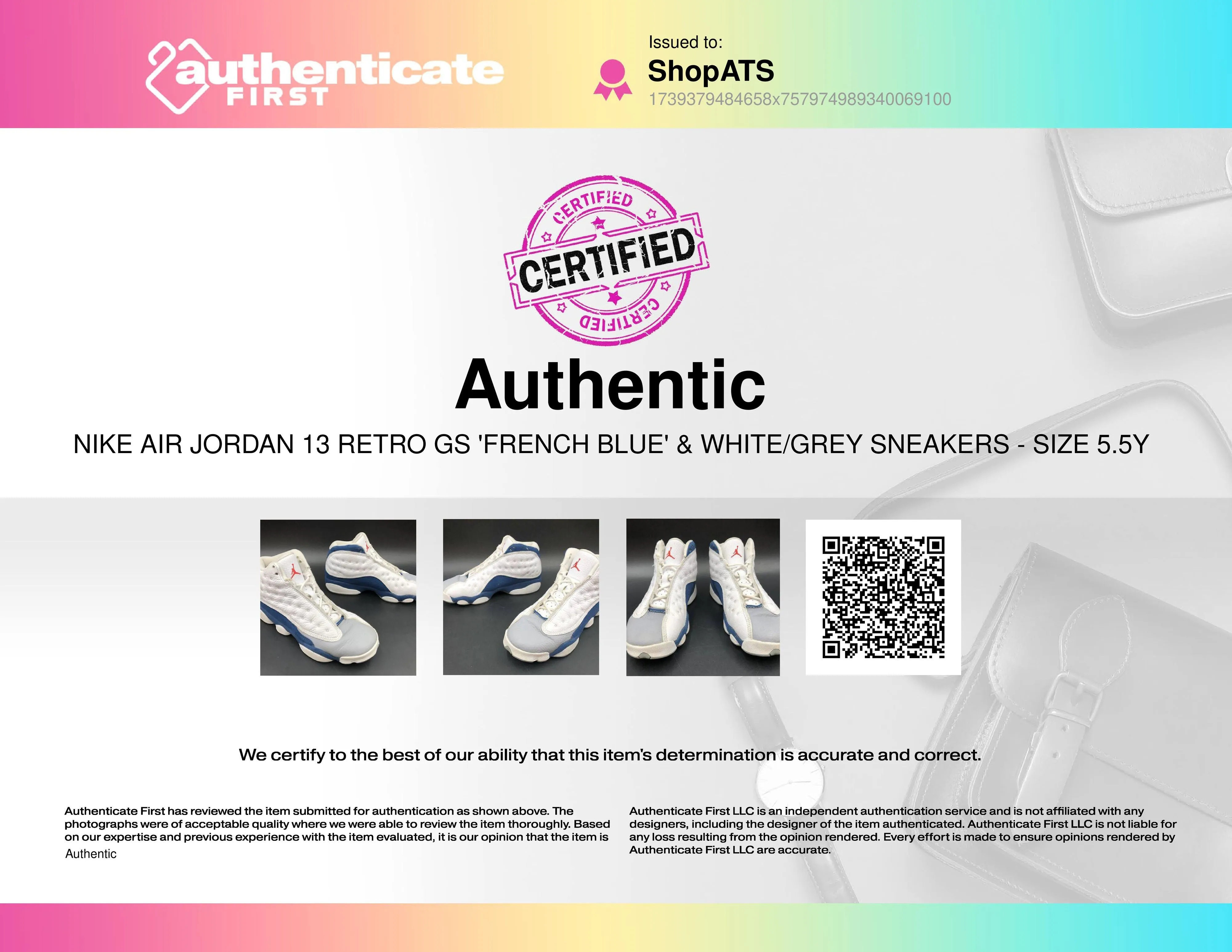 Nike Air Jordan 13 Retro GS 'French Blue' & White/Grey Sneakers - Sz 5.5Y ( COA)