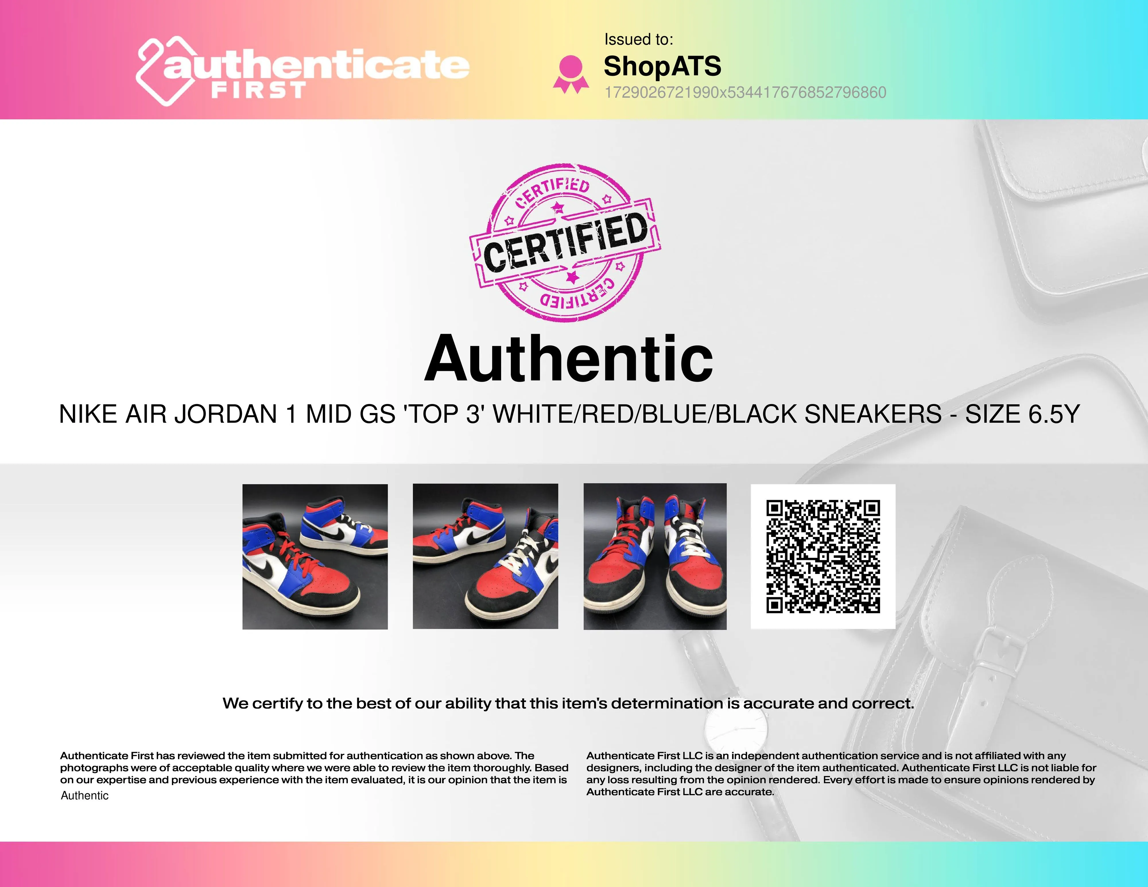 Nike Jordan 1 Retro Mid 'Top 3' White/Red/Blue/Black Sneakers - Size 6.5Y ( COA)