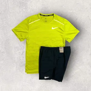 NIKE MILER 1.0 T-SHIRT/SHORT SET - BRIGHT CACTUS/BLACK