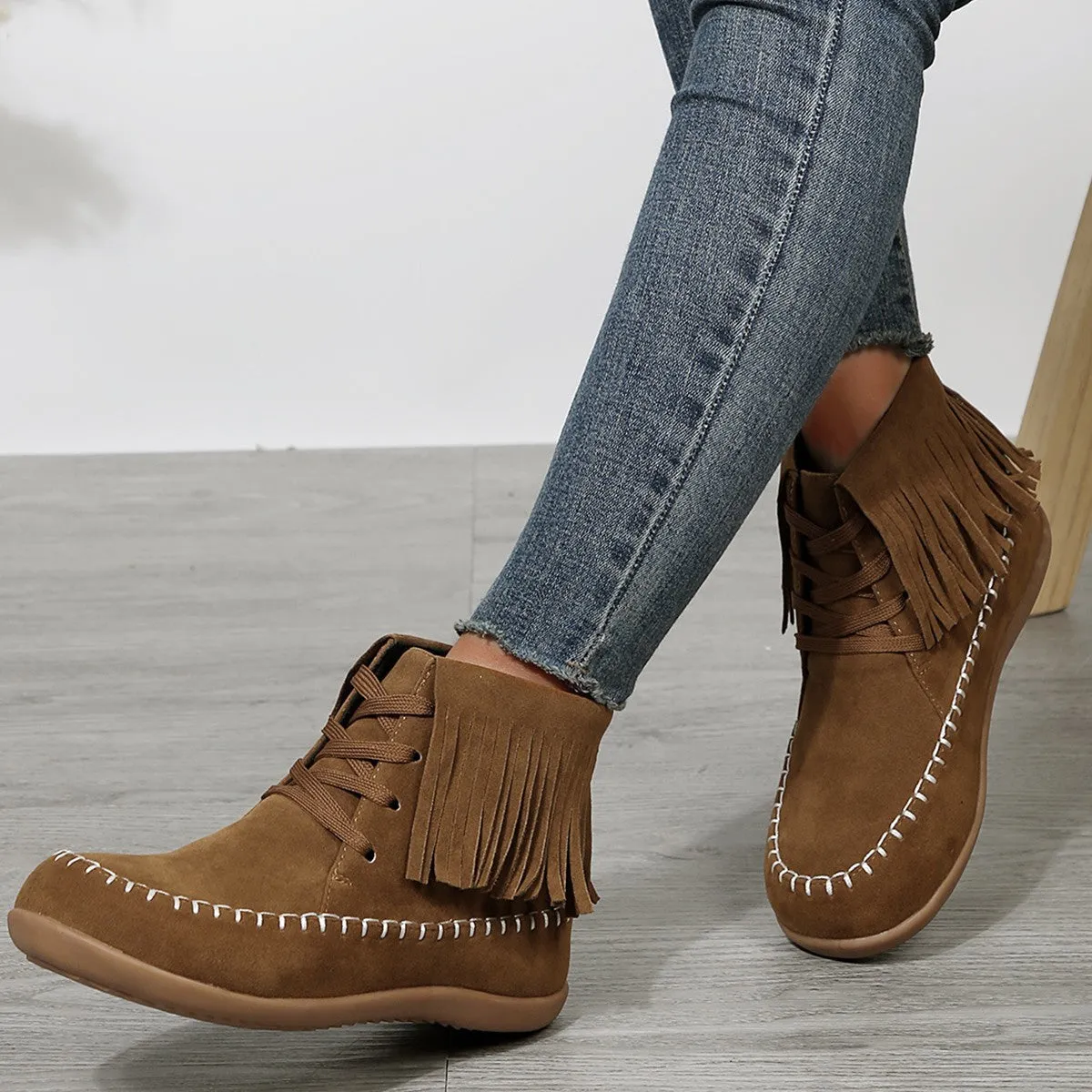 Plus Size Lace-Up Tassel Booties for Women