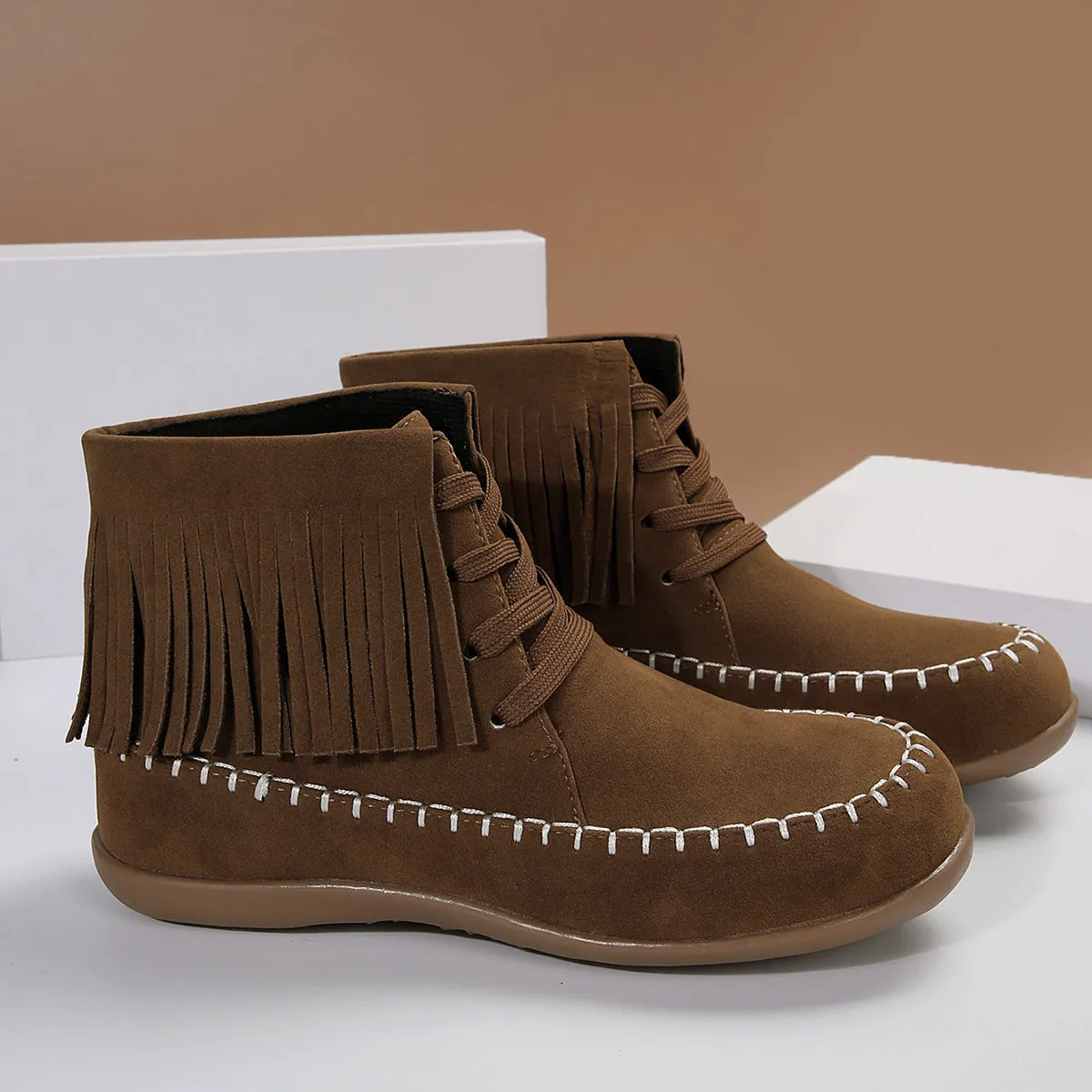 Plus Size Lace-Up Tassel Booties for Women