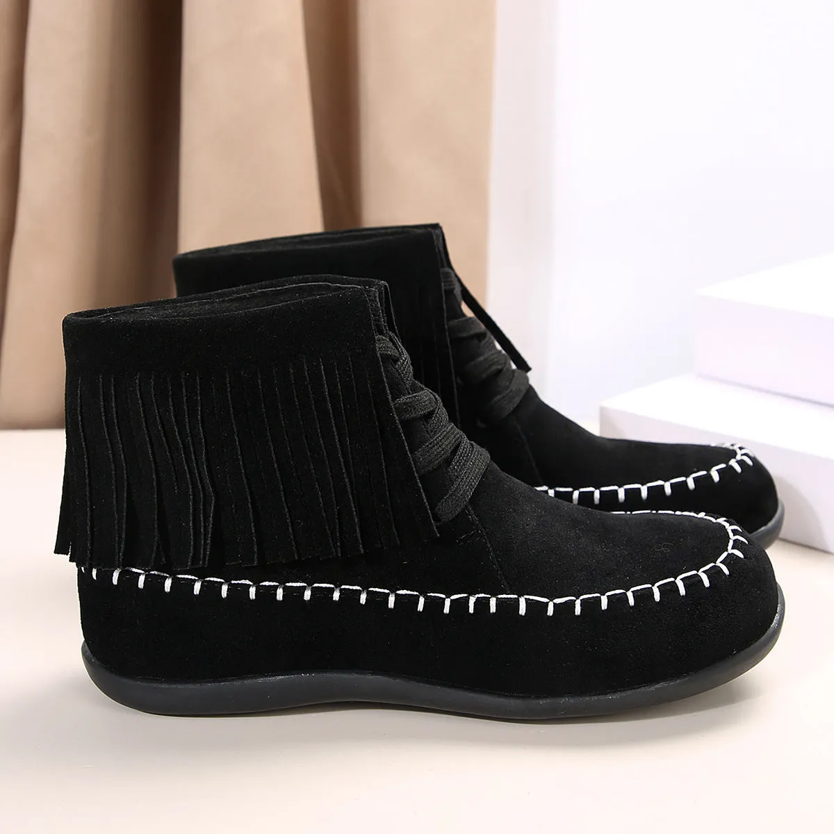 Plus Size Lace-Up Tassel Booties for Women