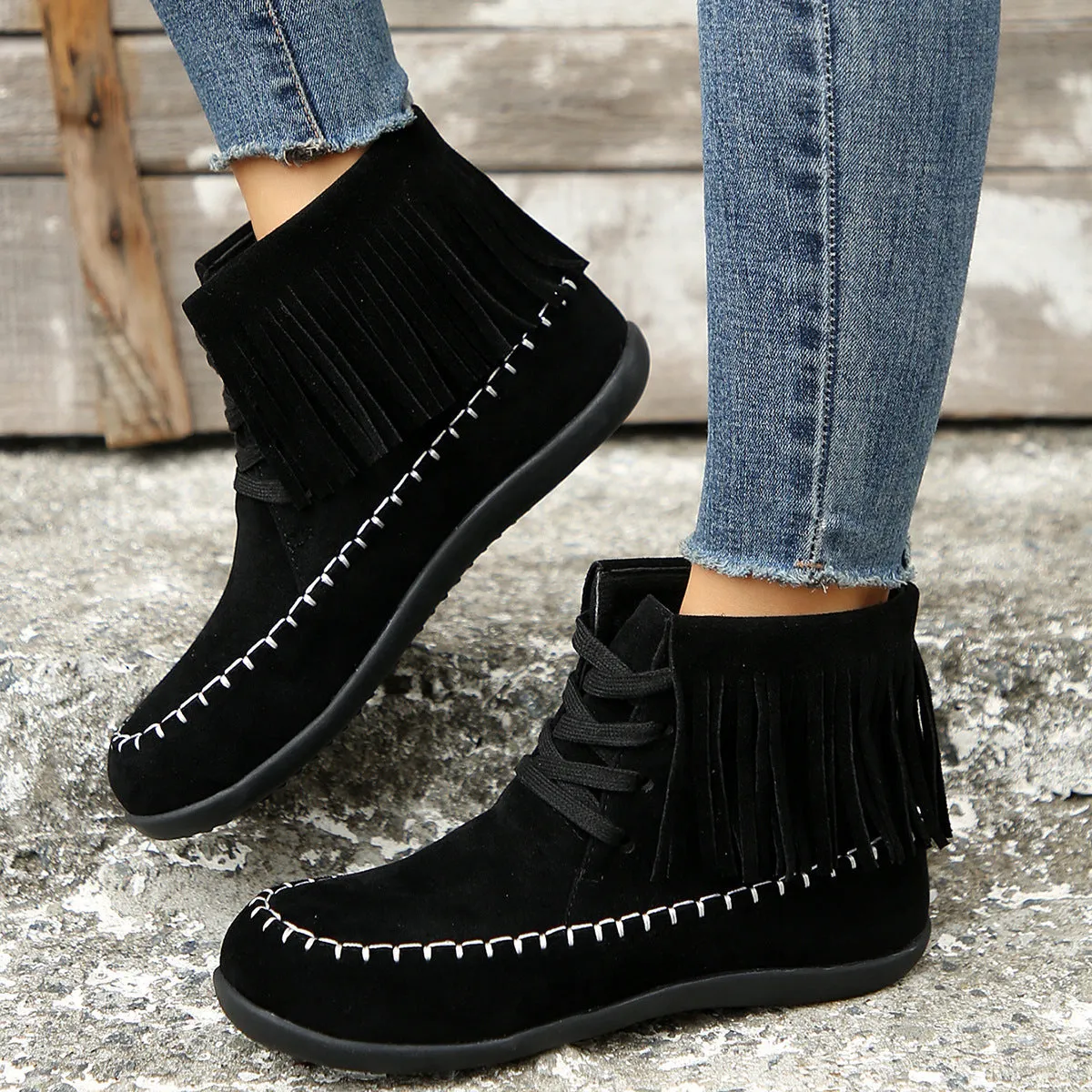 Plus Size Lace-Up Tassel Booties for Women