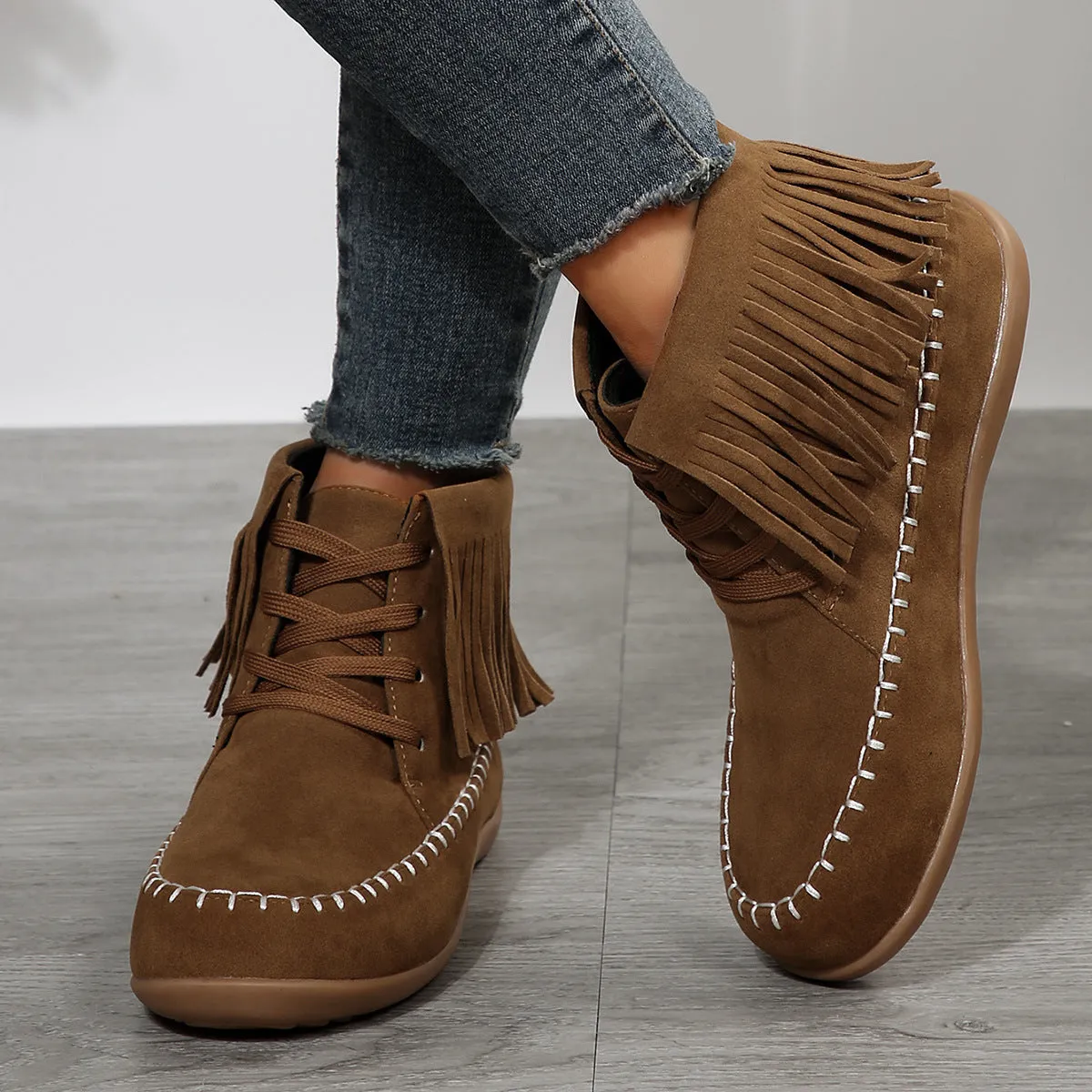 Plus Size Lace-Up Tassel Booties for Women