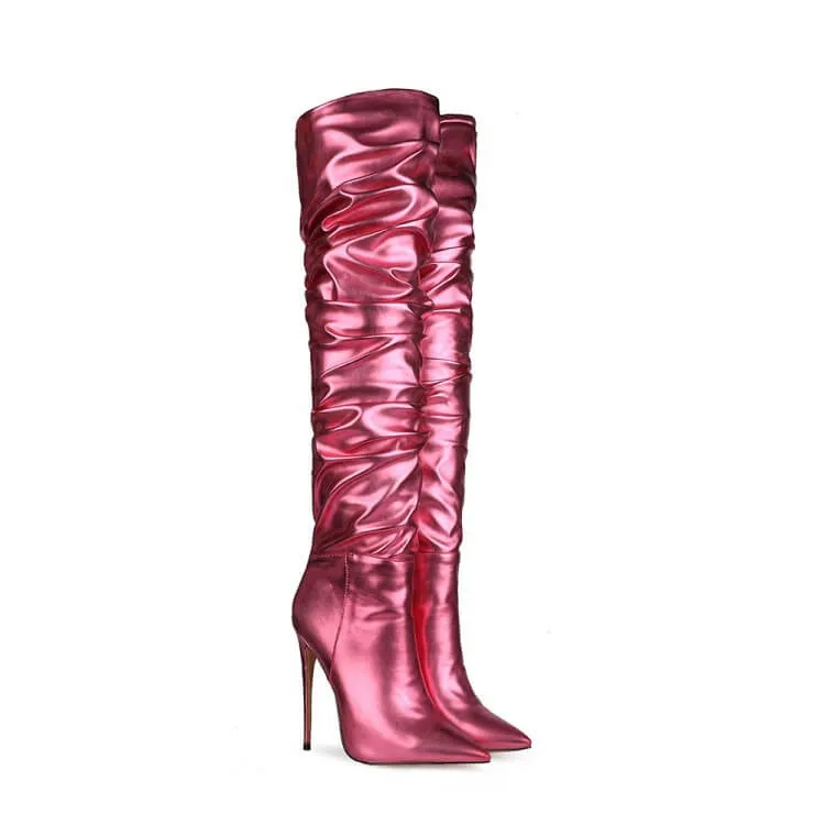 PU Point Toe Fold High Heel Over Knee Boots