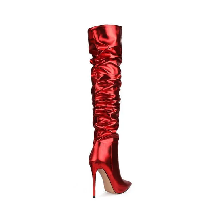 PU Point Toe Fold High Heel Over Knee Boots