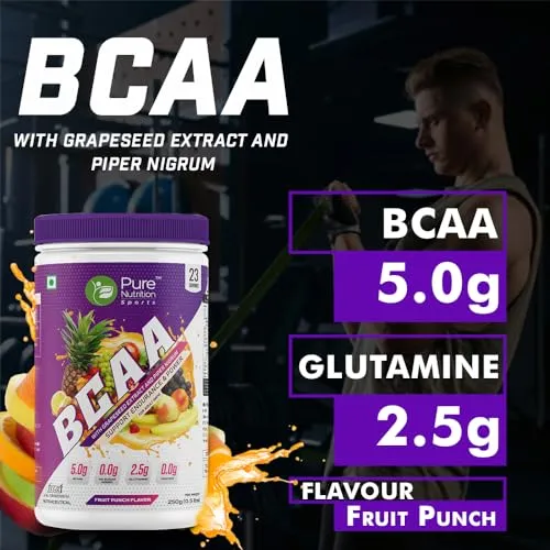 Pure Nutrition BCAA 2:1:1, Fruit Punch Flavor with L-Glutamine, Electrolytes, Grapeseed & Piperine, Sugar Free Amino Acid Supplement, Workout Muscle Recovery Drink for Muscle Growth, 250g, 23 Servings