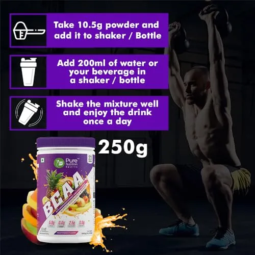 Pure Nutrition BCAA 2:1:1, Fruit Punch Flavor with L-Glutamine, Electrolytes, Grapeseed & Piperine, Sugar Free Amino Acid Supplement, Workout Muscle Recovery Drink for Muscle Growth, 250g, 23 Servings