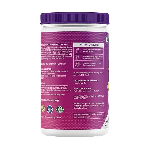 Pure Nutrition BCAA 2:1:1, Fruit Punch Flavor with L-Glutamine, Electrolytes, Grapeseed & Piperine, Sugar Free Amino Acid Supplement, Workout Muscle Recovery Drink for Muscle Growth, 250g, 23 Servings