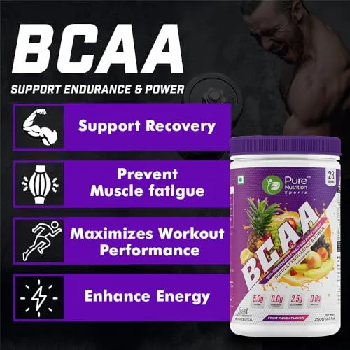 Pure Nutrition BCAA 2:1:1, Fruit Punch Flavor with L-Glutamine, Electrolytes, Grapeseed & Piperine, Sugar Free Amino Acid Supplement, Workout Muscle Recovery Drink for Muscle Growth, 250g, 23 Servings