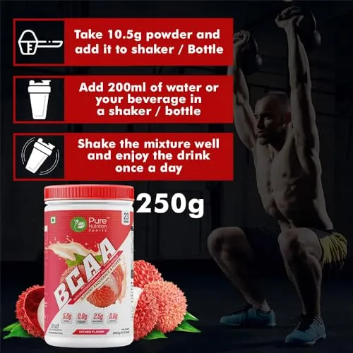 Pure Nutrition BCAA 2:1:1, Lychee with L-Glutamine, Electrolytes, Grapeseed & Piperine Extract, Sugar Free Amino Acid Supplement, Workout Muscle Recovery Drink for Muscle Growth, 250g, 23 Servings