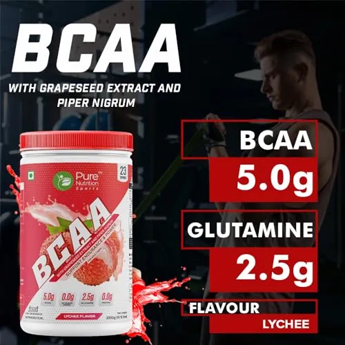 Pure Nutrition BCAA 2:1:1, Lychee with L-Glutamine, Electrolytes, Grapeseed & Piperine Extract, Sugar Free Amino Acid Supplement, Workout Muscle Recovery Drink for Muscle Growth, 250g, 23 Servings