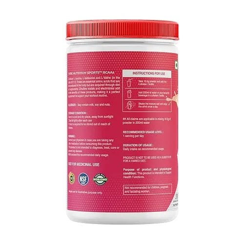 Pure Nutrition BCAA 2:1:1, Lychee with L-Glutamine, Electrolytes, Grapeseed & Piperine Extract, Sugar Free Amino Acid Supplement, Workout Muscle Recovery Drink for Muscle Growth, 250g, 23 Servings