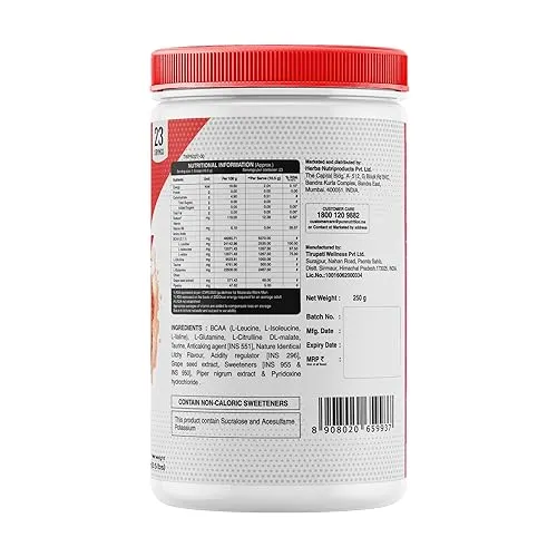 Pure Nutrition BCAA 2:1:1, Lychee with L-Glutamine, Electrolytes, Grapeseed & Piperine Extract, Sugar Free Amino Acid Supplement, Workout Muscle Recovery Drink for Muscle Growth, 250g, 23 Servings