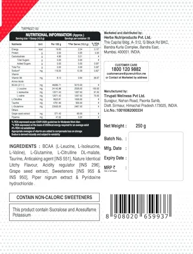 Pure Nutrition BCAA 2:1:1, Lychee with L-Glutamine, Electrolytes, Grapeseed & Piperine Extract, Sugar Free Amino Acid Supplement, Workout Muscle Recovery Drink for Muscle Growth, 250g, 23 Servings
