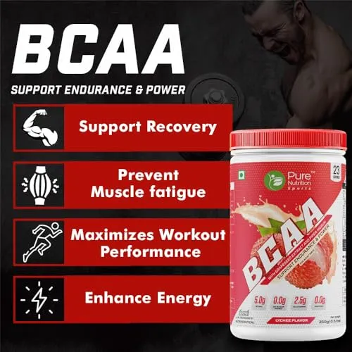 Pure Nutrition BCAA 2:1:1, Lychee with L-Glutamine, Electrolytes, Grapeseed & Piperine Extract, Sugar Free Amino Acid Supplement, Workout Muscle Recovery Drink for Muscle Growth, 250g, 23 Servings