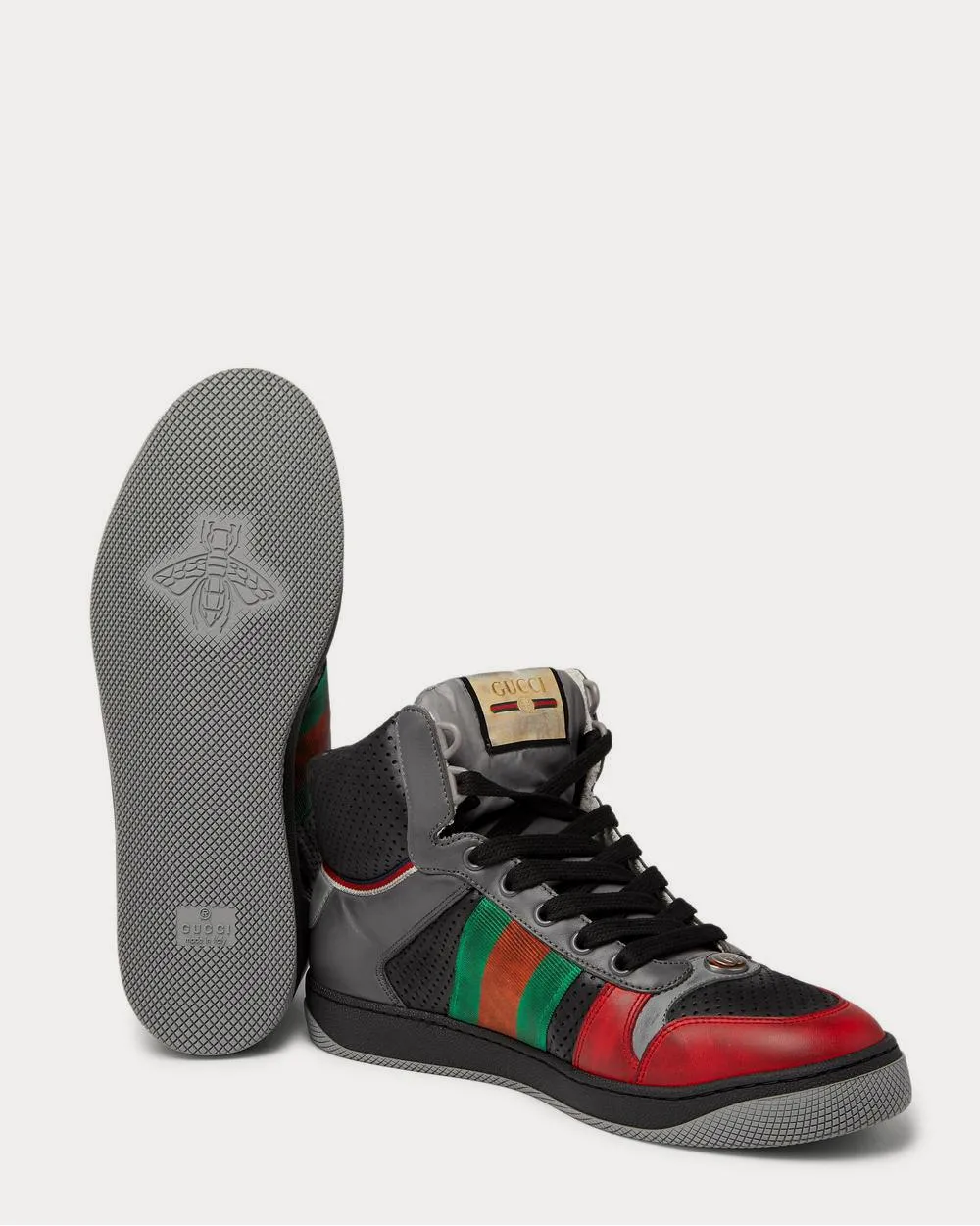 Screener Webbing-Trimmed Distressed Leather High-Top  Black high top sneakers