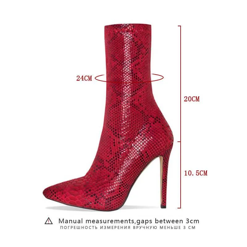 Snakeskin Leather High Heel Zipper Calf Boots