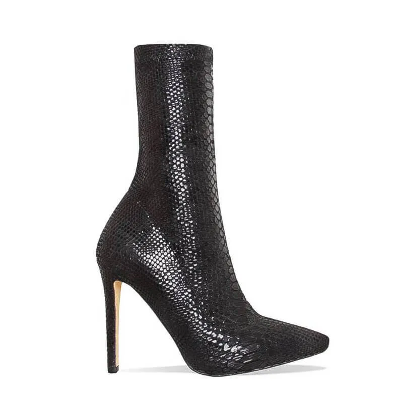 Snakeskin Leather High Heel Zipper Calf Boots