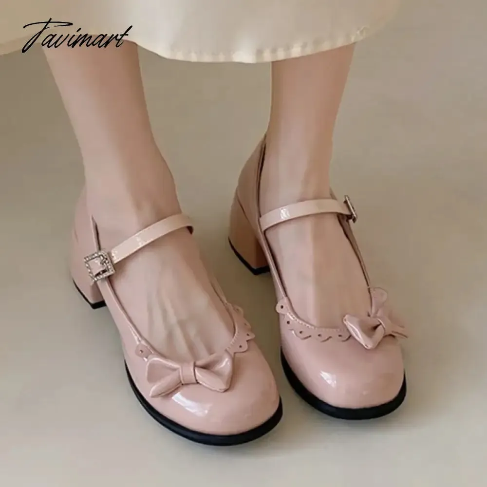 TAVIMART New Women's Pumps Patent Leather Buckle Strap Shoes Girls Ruffles Mary Janes Shoes Bowtie Princess Lolita Shoes Black Pink 1631N