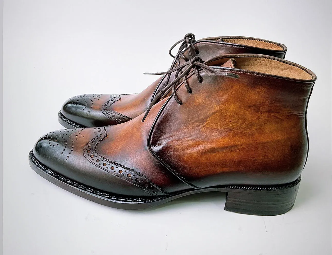 Tucci Di Lusso Mens Special Edition Italian Leather Burnished Brown Wingtip Handmade Luxury Chukka Ankle Boots