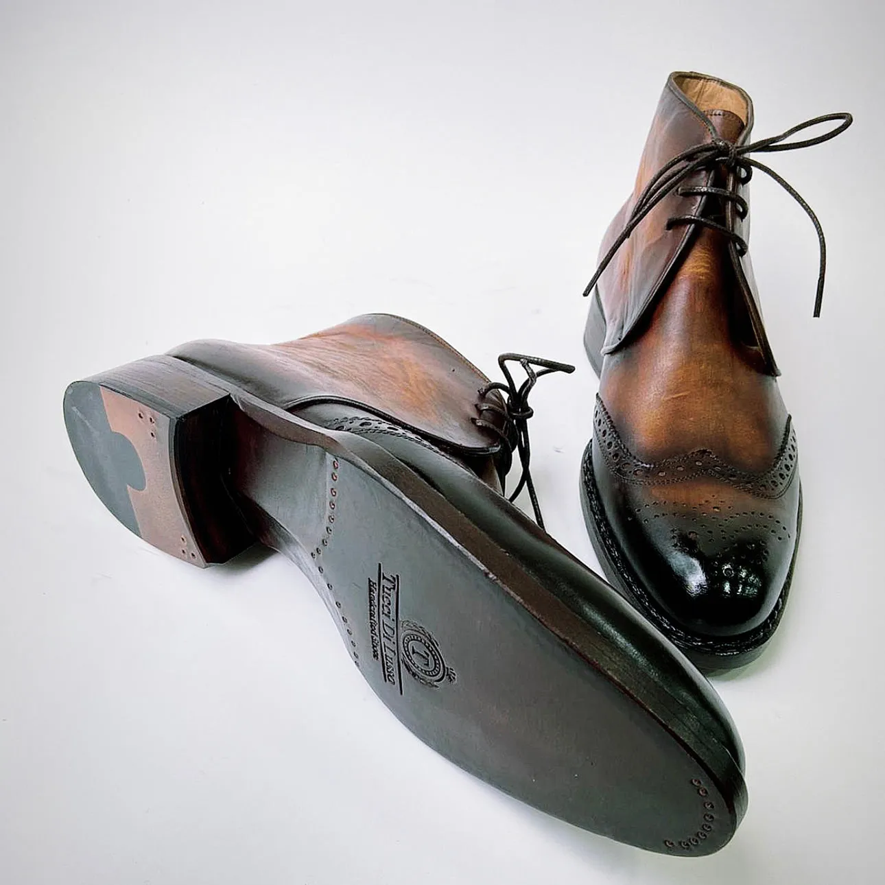 Tucci Di Lusso Mens Special Edition Italian Leather Burnished Brown Wingtip Handmade Luxury Chukka Ankle Boots