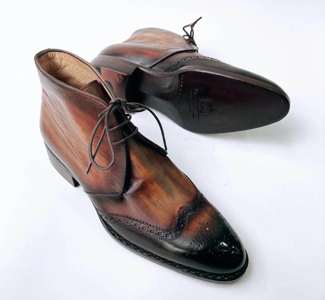 Tucci Di Lusso Mens Special Edition Italian Leather Burnished Brown Wingtip Handmade Luxury Chukka Ankle Boots