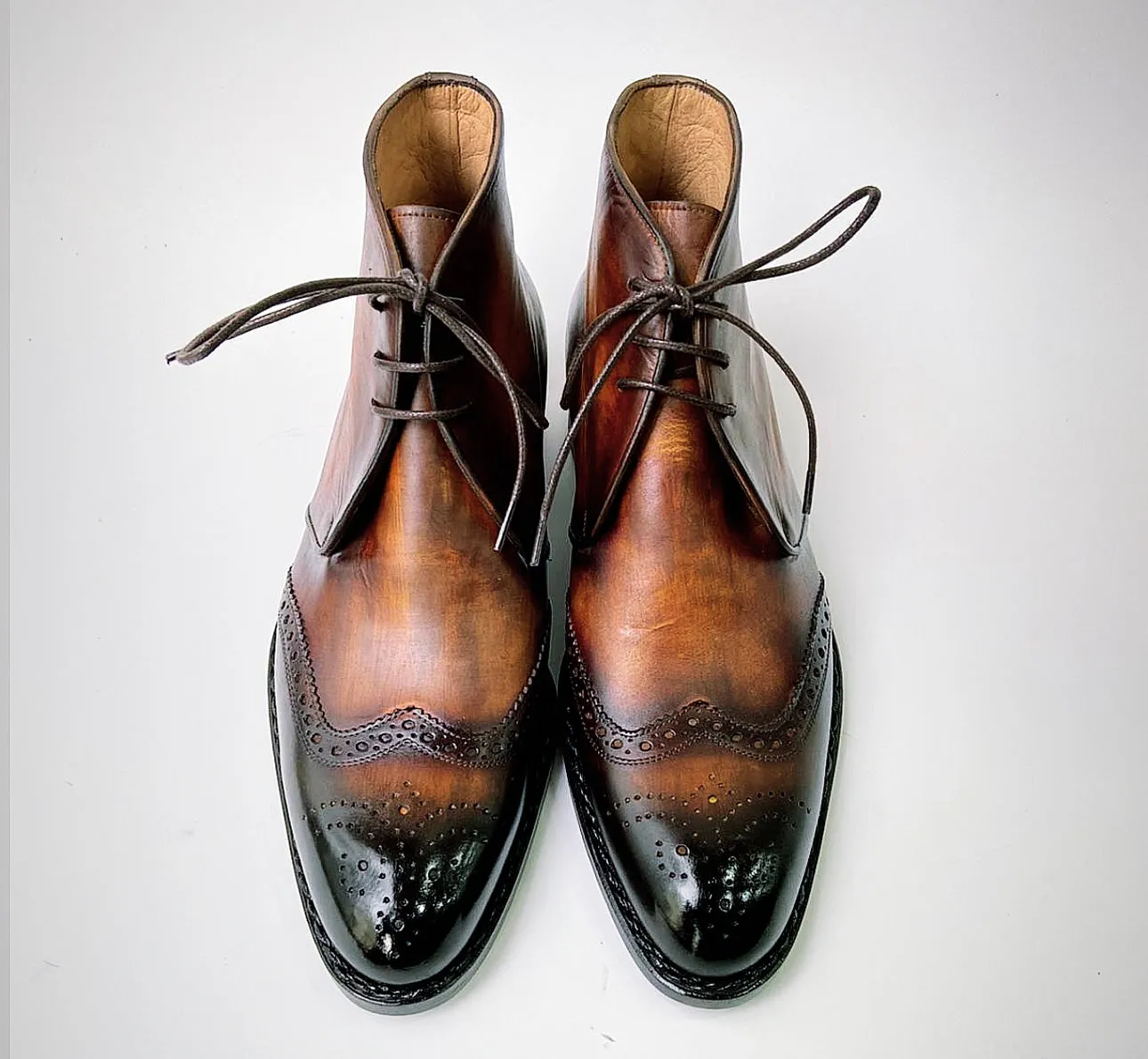 Tucci Di Lusso Mens Special Edition Italian Leather Burnished Brown Wingtip Handmade Luxury Chukka Ankle Boots
