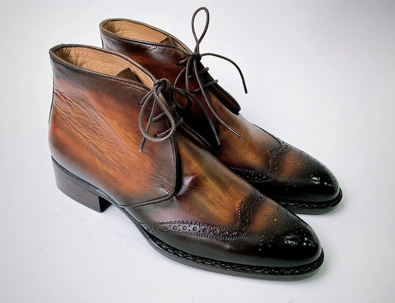 Tucci Di Lusso Mens Special Edition Italian Leather Burnished Brown Wingtip Handmade Luxury Chukka Ankle Boots