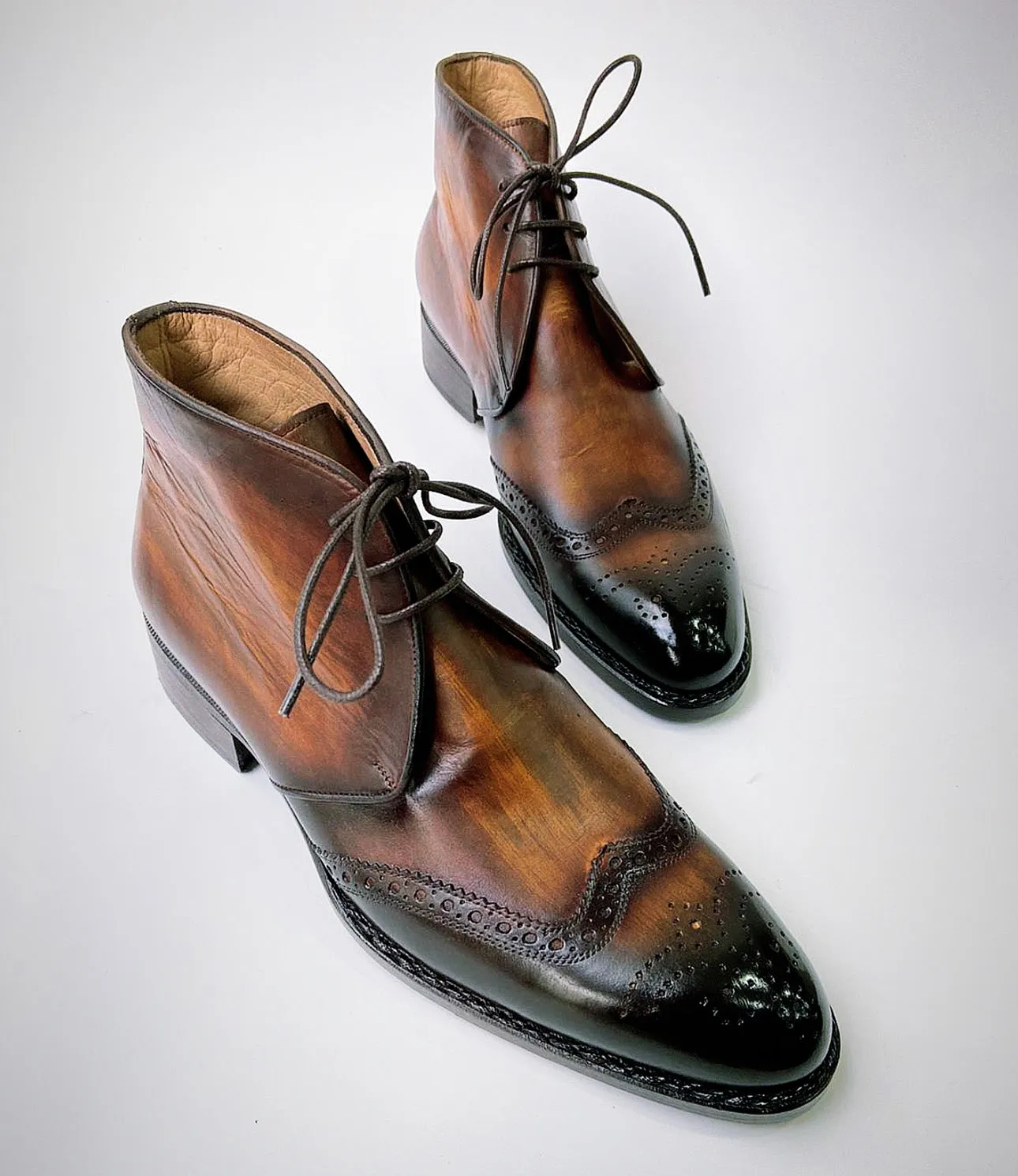 Tucci Di Lusso Mens Special Edition Italian Leather Burnished Brown Wingtip Handmade Luxury Chukka Ankle Boots