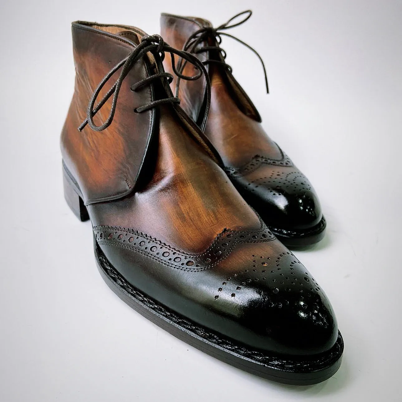 Tucci Di Lusso Mens Special Edition Italian Leather Burnished Brown Wingtip Handmade Luxury Chukka Ankle Boots